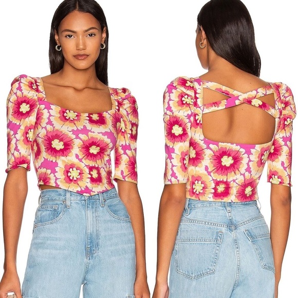 Free People Floral Puff Sleeves Cut Out Back Crop Top Pink Size XS - Picture 1 of 12